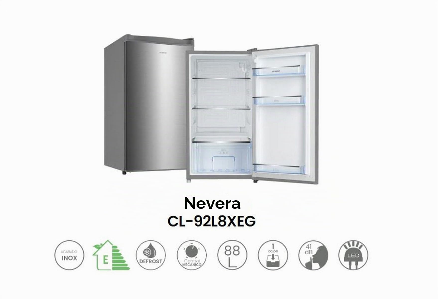 INFINITON Frigorifico Una puerta CL-92L8XEG, 88 litros, 83 cm de Altura, Tecnología Defrost, Iluminación LED interior, E, Equipamiento interior con perfiles cromados, Inox