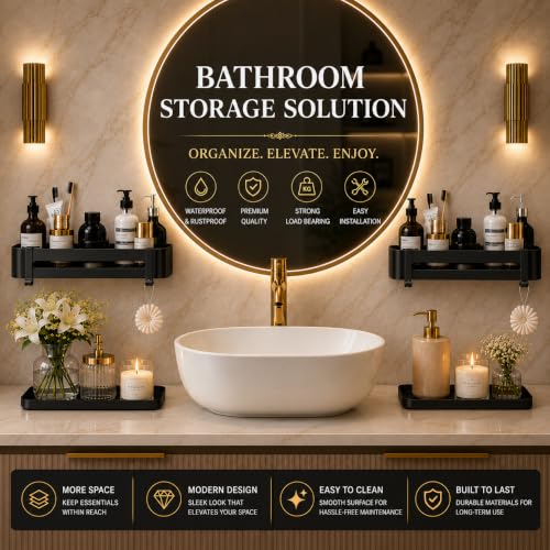 Image of Hallstatt Pack of 2 Aluminum Bathroom Shelf with Removable Hooks, Wall Mounted Bathroom Organizer Shelves Storage Rack Holder Stand for Bathroom Accessories Set with Drill Installation - Black