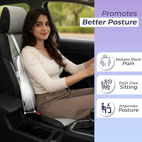 Image of Billebon Car Seat Back Support Cushion | Gel Infused Memory Foam Backrest Lumbar Support Cushion for Comfortable Long Drive & Back Pain Relief | Ergonomic Support | Travel Office Home Use -White