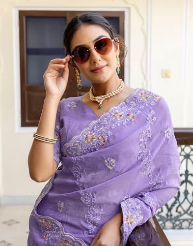 Image of SIRIL Women's Shimmer Chiffon Sequence Embroidery Saree With Unstitched Blouse Piece for Wedding and Parties