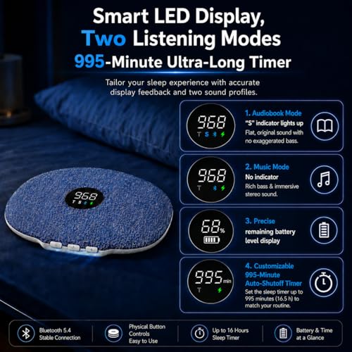 Image of Under Pillow Speaker for Sleeping, Dual Bone Conduction Bluetooth Pillow Speaker with Led Display, TF Card Bluetooth Two Playback Modes, Timer Adjustment,16 Hours Battery Life for Sleep Aid (Blue)