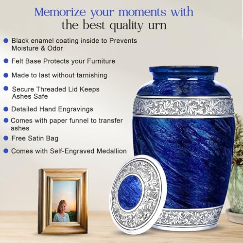 Image of Blue Urns Set of 6 Funeral & Cremation Urns for Human Ashes Adult Man /Woman with 1 Large Blue Urn for Ashes Adult Male with a Customizable Medallion & Ash Necklace with 4 Matching Small Urns