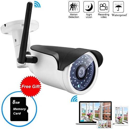 Mbangde Wireless WIFI Weatherproof 720P 1.0MP P2P IP Outdoor Bullet Camera Home Security Surveillance with 36 IR Cut,Built-in 8G TF Card,Motion Detection Alert,65ft Night Vision Distance)