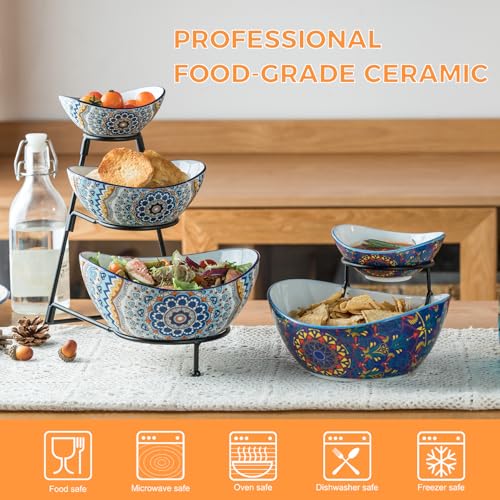 YHOSSEUN 3 Tier Serving Bowls, Serving Dishes for Entertaining Porcelain Serving Trays and Platters Tiered Bowl Set with Collapsible Thicker Sturdier Metal Rack - Image 4