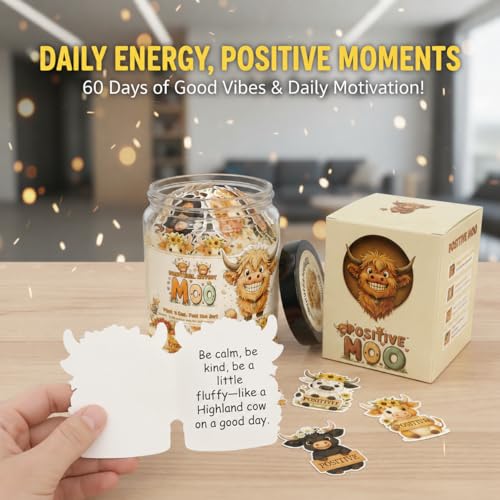 Positive Highland Cow Jar with 60 Affirmation Cards, Emotional Support Highland Cow Gifts, Stress Relief Gifts For Women, Teens, Men, Christmas Moo Highland Cow Decorations