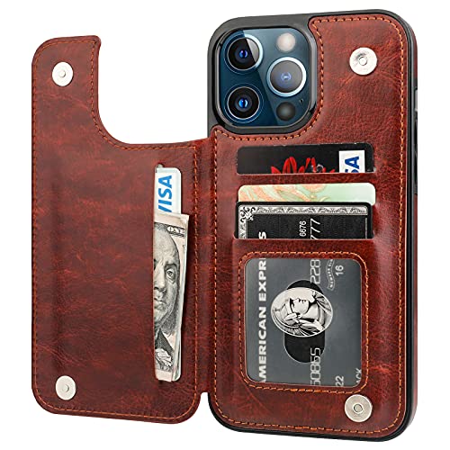 ONETOP Compatible with iPhone 13 Pro Max Wallet Case with Card Holder,PU Leather Kickstand Card Slots Case, Double Magnetic Clasp and Durable Shockproof Cover 6.7 Inch(Brown)