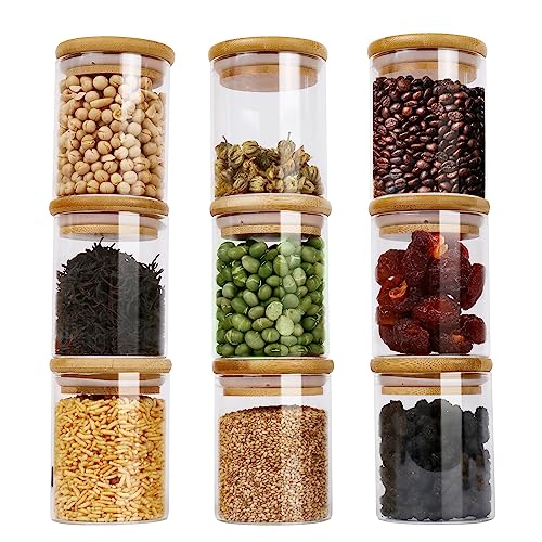 9 Set Glass Storage Jars 250ml,Spice Jars with Bamboo Lids and 125 Labels,High Borosilicate Glass Airtight Canister for Kitchen Storage,Food Storage Container for Spices Tea Coffee Beans Sugar Cookies