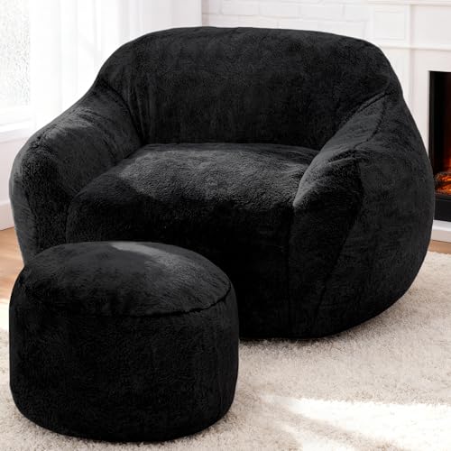 Image of Homguava Giant Bean Bag Chairs for Adults,Large Bean Bag Couch with Ottoman | Big Beanbag Chair with Memory Foam Filled,Oversized Bean Bag Sofa,Faux Fur Floor Sofa Chair for Bedroom Living Room-Black