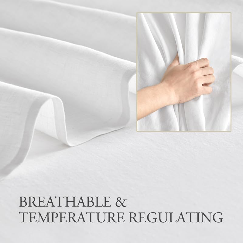 DAPU Pure Linen Sheets Set, 100% French Linen from Normandy, Breathable and Durable for Hot Sleepers, 4 Pcs Set - 1 Flat Sheet, 1 Fitted Sheet, 2 Pillowcases (White, California King)