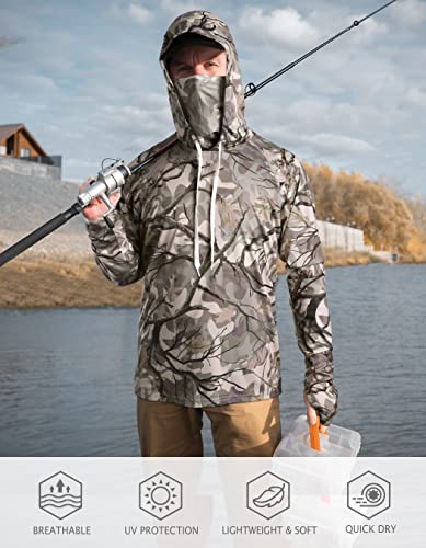 FISHEAL Men's Hunting Shirts with Mask - UPF 50+ Camo Long Sleeve Fishing Hoodie Shirt with Adjustable Drawstring4