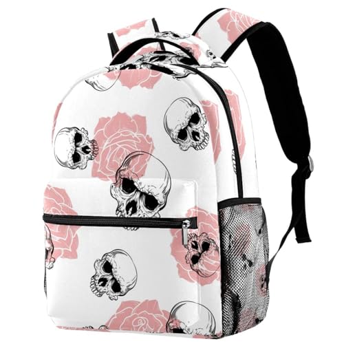 Sac à dos d'école grand volume 40cm avec motif crâne et roses