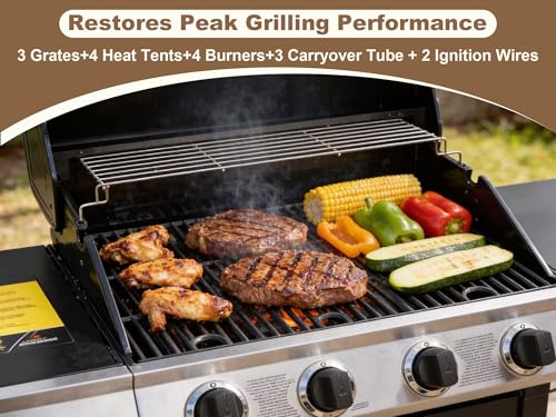 Image of Grill Replacement for Charbroil Performance 4-Burner Gas Grills 463344523 463352521 463354021 463365021, 17 inch Cast Iron Cooking Grates, Stainless Steel Heat Plates, Burner Tubes & Igniters Parts Kit