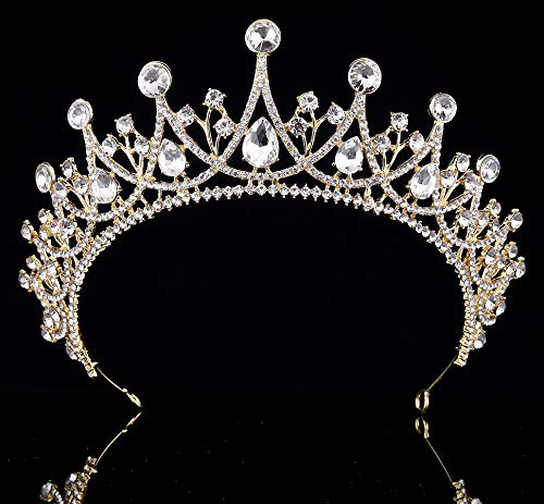 Coucoland Vintage Crystal Rhinestone Bridal Wedding Queen Crown Tiara (Gold and White)