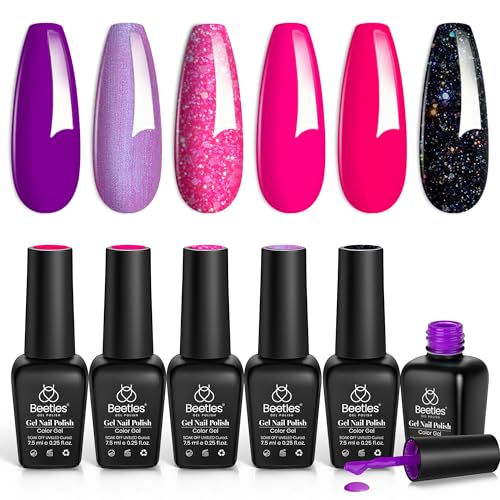 Image of Beetles Purple Gel Nail Polish, 6 Colors Glitter Hot Pink Gel Nail Polish Kit Pink Black Shimmer Soak Off Uv Gel Polish Set Dreamy Swirl Thread Effect DIY Manicure Gift for Women