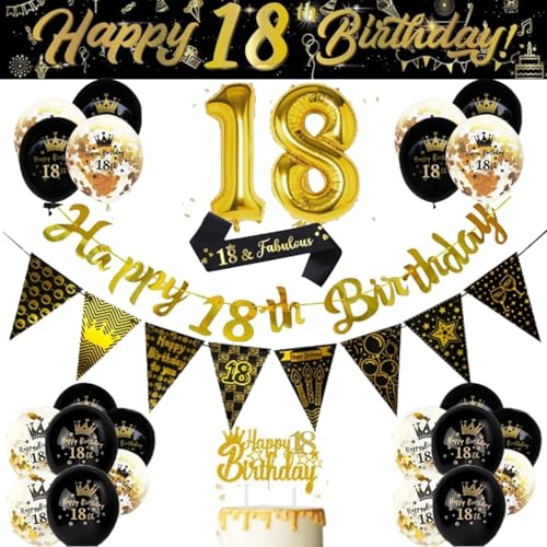 18th Birthday Decorations for Women & Men Black and Gold Party Supplies with Happy Birthday Banner 32 Inch Gold Number Balloons Confetti Balloons Sash Cake Topper & Wall Banner