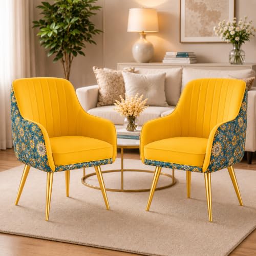 Image of Set of 2 Accent Chair for Living Room | Modern Armchair in Soft Velvet Fabric with Sturdy Legs | Premium Chair for Home Living Room Bedroom Restaurent | (Gold Legs, Yellow Floral)