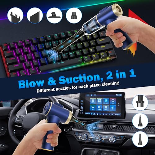Image of Handheld Car Vacuum Cleaner, 2-in-1 Portable Mini Car Vacuum Cleaner,21000Pa High Power & Air Duster, Handheld Vacuum Cordless with LED Light and Multi-Nozzles for Car,Home,Office,Pet(Blue)