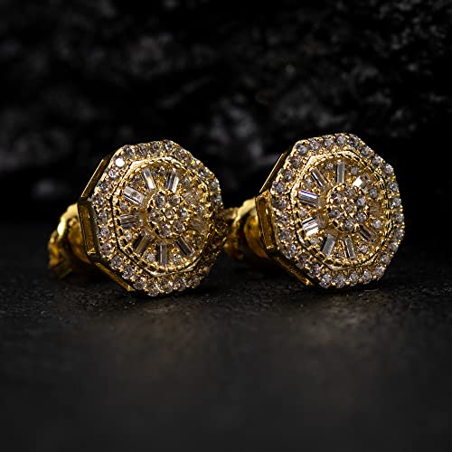 Men's 14K Yellow Gold 925 Sterling Silver Cz Hip Hop Octagon Cluster Stud Screw Back Earrings, M, Sterling Silver, Cubic Zirconia2