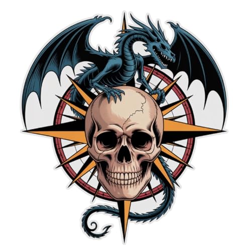 Pegatina Dragón y Calavera – Sticker Vinilo Troquelado a Color | Adhesivo Fantasía Gótica Rosa de los Vientos | Impermeable y Resistente Exterior | Decoración Casco, Moto, Portátil, Coche | 12x13,5 cm