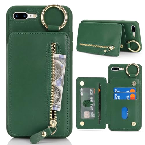 Havaya Case for iPhone 8 Plus & iPhone 7 Plus Case Wallet with Card Holder Keychain Ring Stand Leather Shockproof Phone case with Credit Card Slots Zipper Women Men-Deep Green