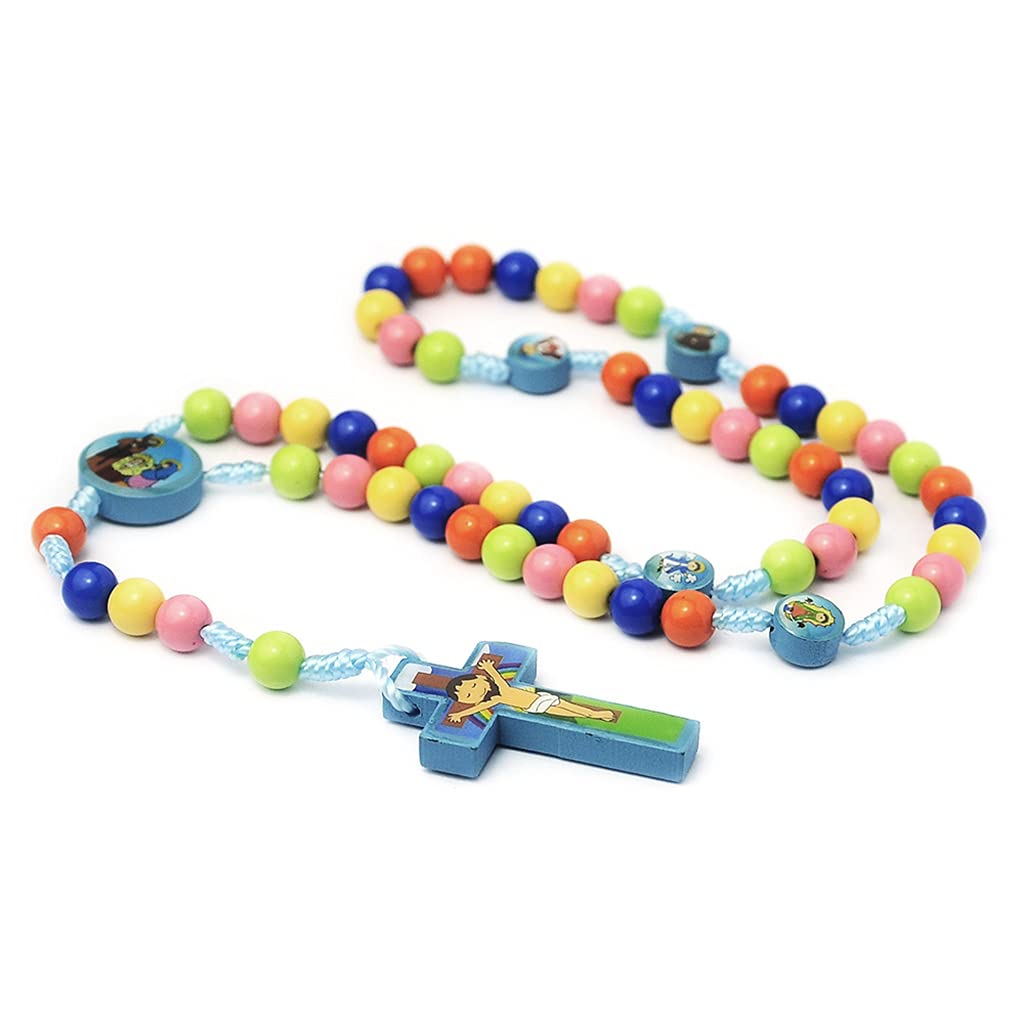 Kimu Collar de rosario con colgante de cruz de Jesús, joyería religiosa para niños y niñas, 8mm, Madera, Perla