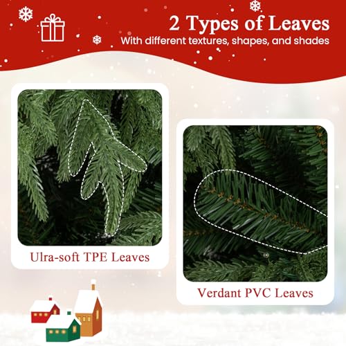 Image of Goplus 7 FT Pre-Lit Artificial Christmas Tree, Hinged Faux Xmas Tree with 1217 Soft TPE & PVC Mixed Branch Tips, 400 Warm White LED Lights, Foldable Metal Stand, Holiday Party Home Office Decoration