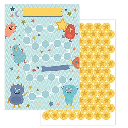 JEKA Lot de 10 Tableaux de récompenses pour Enfants - Motif : Monstres - avec Leurs Autocollants étoiles pour motiver Les Enfants aux tâches ménagères,...