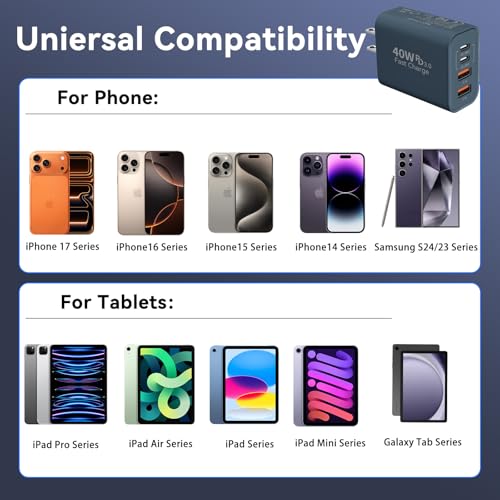 Image of USB C Wall Fast Charger Block, 40W 4-Port Type C Charger Fast Charging Blocks PD Power Charger Adapter+QC 3.0 USB Multiport Charger Brick for Phone 17 /16 /15 /14 /13 /12 Pro Max, Pad, GalaxyS25-Navy Blue