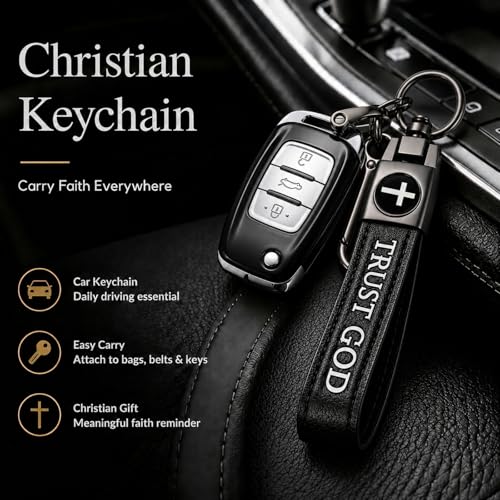 Image of Christian Cross Leather Keychain for Men - Christian Gift for Dad Husband Son