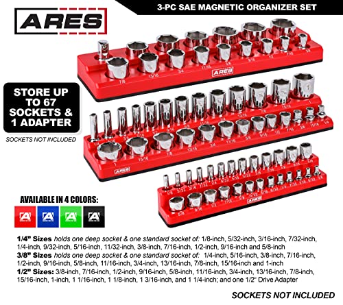 Image of ARES 60035 3-Pc 1 /4,3 /8,1 /2-In Red /Green SAE Magnetic Socket Organizer