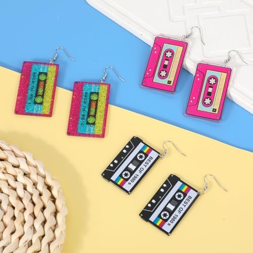 3 Pairs Cassette Tape Earrings, 80s 90s Neon Acrylic Drop Earrings for Women Glitter Retro Jewelry Radio Earring for 80s 90s Outfits Glow Parties Music Festivals Halloween3
