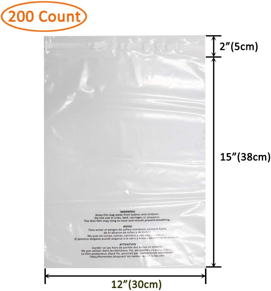 Belinlen 200 Count 12x15 Inch Self Seal Clear Poly Bags with Suffocation Warning for Packaging Clothing, T Shirts, Decorative Wrappers and More with Permanent Adhesive (1.5mil) : Office Products