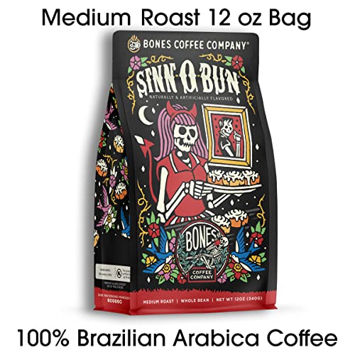 Bones Coffee Company Sinn 'O' Bun Ground Coffee Beans Cinnamon Roll Flavor | 12 Oz Medium Roast Low Acid Coffee | Flavored Coffee Gifts & Beverages (Ground) #TOP3