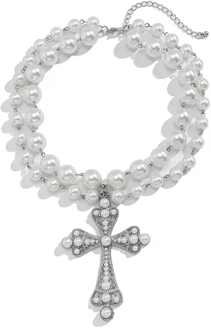 Baroque Pearl Cross Pendant Choker Necklace - Vintage Gothic Y2K Jewelry