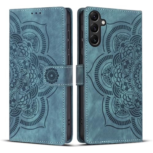 Housse Samsung Galaxy A14 bleu étui portefeuille à rabat avec motif élégant