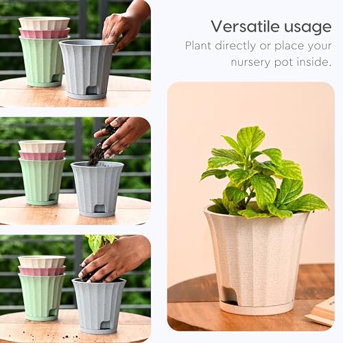 Image of Eha Earth Friendly Ace 5 inch Small Self Watering Pots for Indoor Plants | Set of 6 | Plant Pot Made with Bamboo Fibers | Table Top Planters for Home Decor, Flower Pot for Living Room | Sand Castle