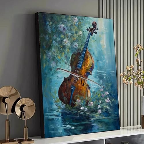 Peinture violon et nature pour s'évader, tableau bleu et brun poétique prêt à accrocher YUSUZHU
