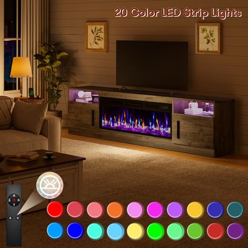 Image of Waleaf 70 inch Fireplace TV Stand with 36 inch Electric Fireplace,20 Colors LED Lights Entertainment Center for Living Room,Large High Gloss TV Console Cabinet for Televisions up to 80+ Inch