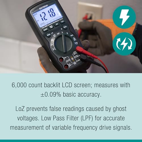 Image of Extech EX520A High Accuracy True RMS Multimeter, 6000 Count, 0.09% | AC /DC to 1000V, 0.09% DC accuracy, LoZ, low pass filter, Type K, IP67, 2m drop, magnetic strap