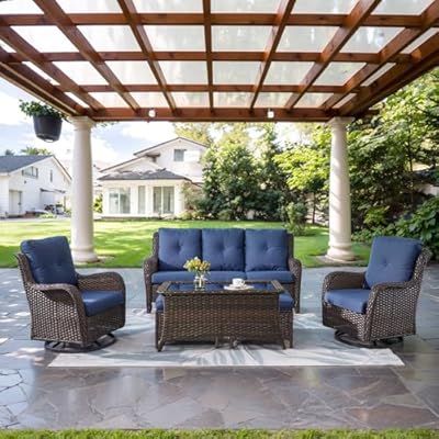 Belord Wicker Outdoor Furniture Patio Furniture Set - 6 Piece Patio Conversation Set with Swivel Rocker Chairs, Rattan Sofa, Ottomans and Coffee Table, Blue Cushion