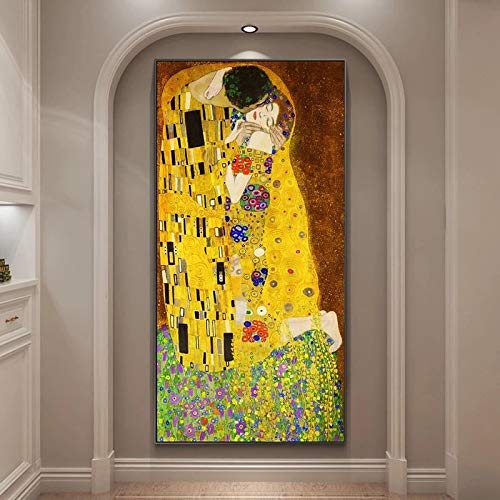 Gustav Klimt Le Baiser peinture sur toile haute définition de 55x110cm encadrée en noir