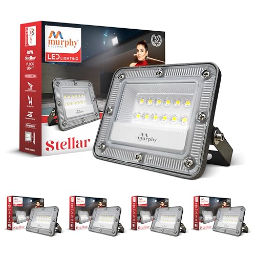 Image of Murphy Stellar 10W LED Flood Light with 2-Year Warranty | Cool White | High Brightness Outdoor LED for Security, Landscape, Warehouse, Backyard | IP66 Waterproof | BIS Approved Pack of 5