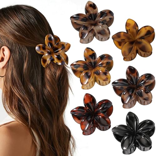 6 PCS Flower Hair Clips for Women Hawaiian Flower Claw Clips for Thick Thin Hair Cute Daisy Jaw Clips Strong Hold Non Slip Hair Accessories for Girls Holiday Gifts (Tortoise Black)