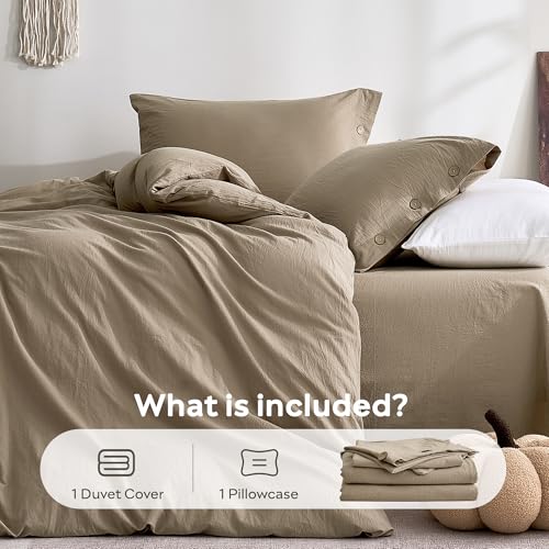 Image of JELLYMONI 100% Washed Cotton Duvet Cover Twin - Soft, Breathable Linen-Look Bedding with Natural Wrinkle Texture, Button Closure, 2-Piece Set (Dusty Khaki, 68 inchx90 inch)