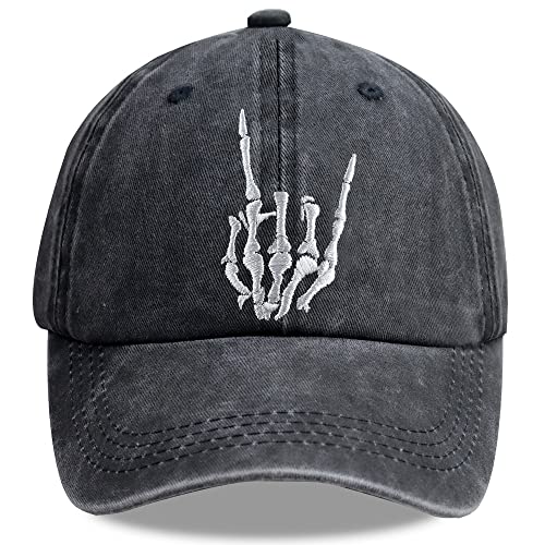 Image of Unisex Skull Skeleton Hand Hat, Embroidered Halloween Bones Finger Adjustable Washed Cotton Denim Baseball Cap