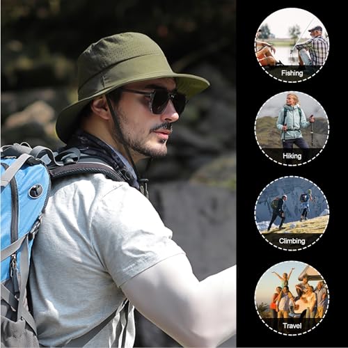 YAMEIZE Summer Waterproof UPF50+ Bucket Hat - with Strap for Women Men UV Protection Adjustable String Hat Fishing Hiking Climbing Army Green - Image 6
