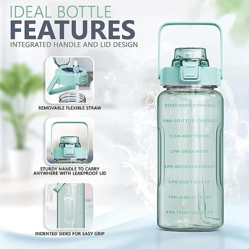 Image of TRANSPARENT 3-Pcs (2000ML-900ML-300ML) Water Bottle with Straw & Time Marker | Leak-Proof Sports Bottle for Gym, Office, School | Break-Resistant Silicone Bottle for Daily Hydration (Green)
