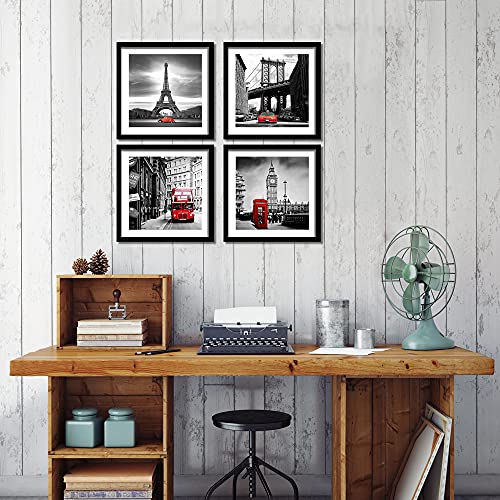 Englant 4 Pieces Framed Canvas Wall Art, Black White And Red Wall Decor Landscape Poster With Eiffel Tower, Brooklyn Bridge, London Big Ben Picture For Bedroom And Bathroom #TOP2