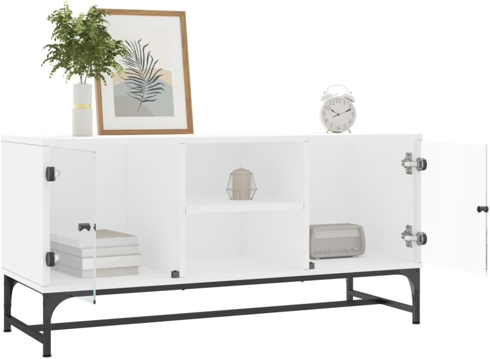 Modern White TV Cabinet with Glass Doors 40.2 x 19.7 in Engineered Wood Entertainment Center for Living Room Bedroom Media Console