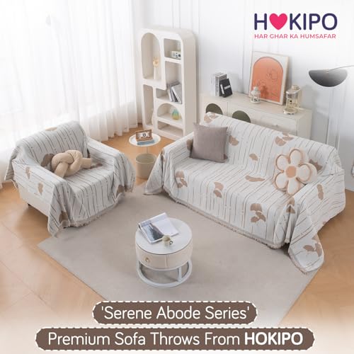 Image of HOKIPO 320 GSM Chenille Sofa Throw Blanket for 3 Seater Sofa - Printed All-Season Sofa Cover, 'Serene Abode Series' Beige Ginkgo Lines (180x310 cm) (AR-6633-D2)